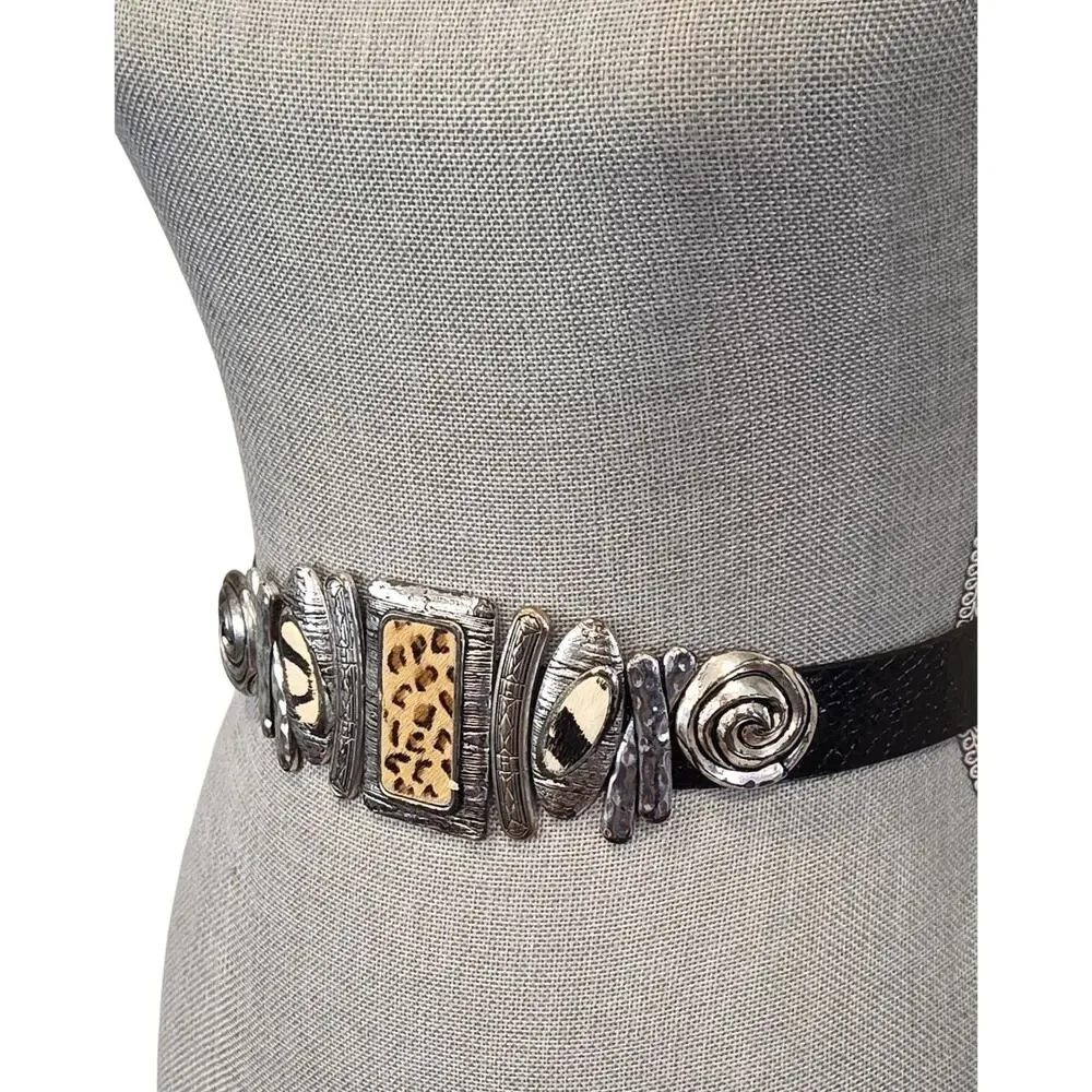 Chico’s Black Snake Embossed Leather Belt Animal Hair Abstract Silver Buckle S